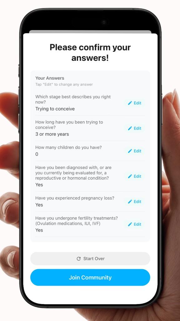 Venn onboarding confirmation screen with filtered questions.
